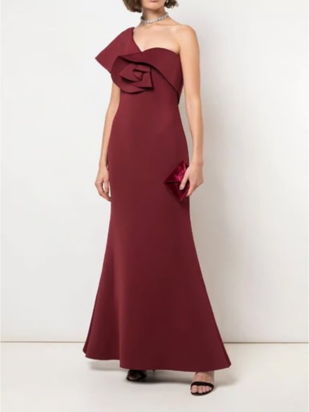 BADGLEY MISCHKA One Shoulder Gown Crimson Red Ruffled Neoprene Gala Formal Sze 8